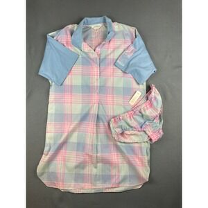Jodie Arden Plaid‎ Sleep Shirt Panty Set Cottagecore Vintage Pastel Pink Blue S